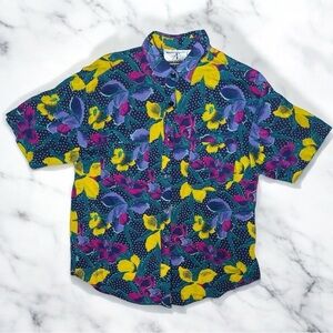 Vintage 90s Artsy Hawaiian Floral Mixed Print Button Up Collard Blouse